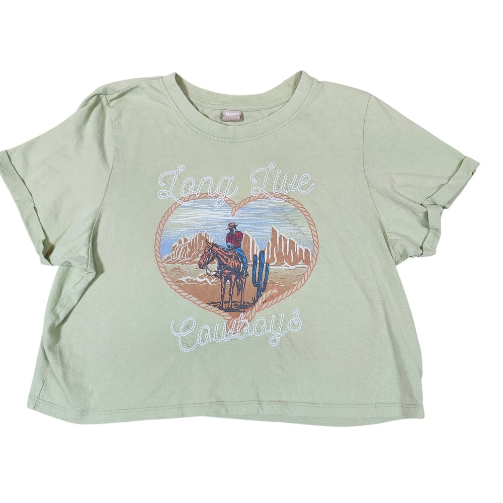 Messy Bun Just Chillin Cowgirl Horse Cactus Graphic Cropped T Shirt‎ Womens M